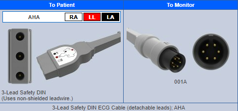 Reusable 3-Lead Safety DIN ECG Cable, Detachable, AHA, 10ft